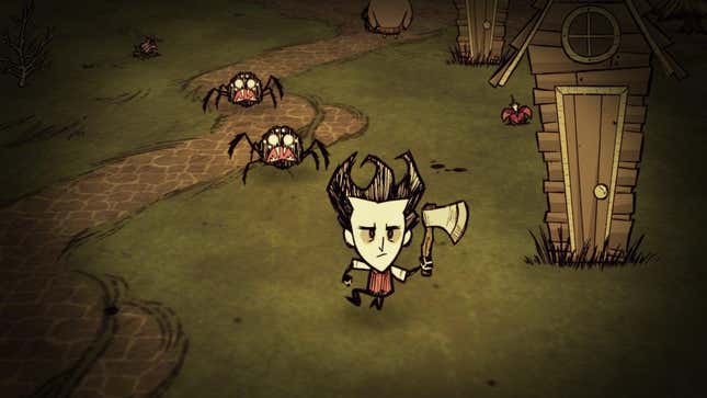 A frowning 2D man holding an axe runs from giant spiders in the wilderness.