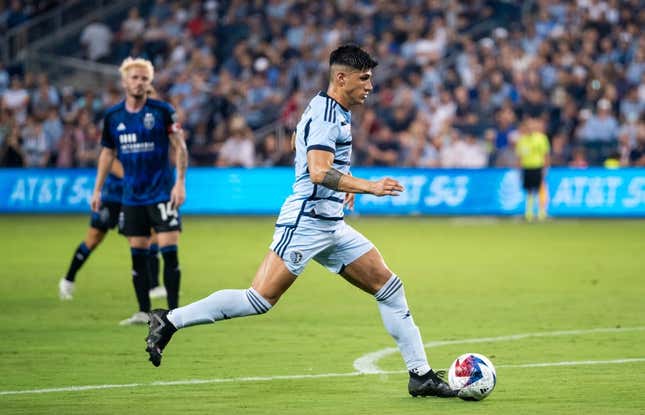 Aug 26, 2023; Kansas City, Kansas, USA; Sporting Kansas City forward Alan Pulido (9) controls the ball during the second half against the San Jose Earthquakes at Children's Mercy Park.