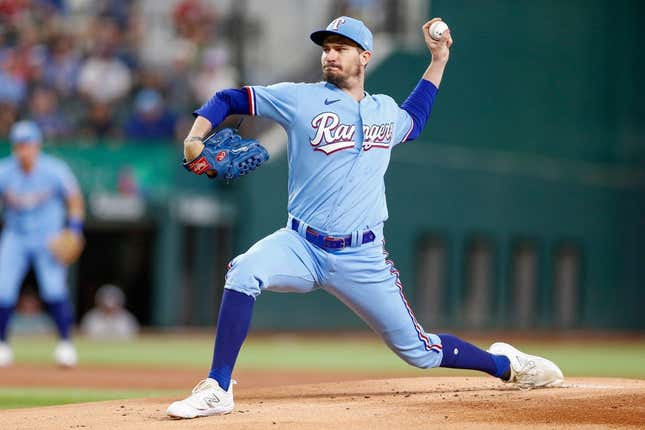 Aug 6, 2023; Arlington, Texas, USA; Texas Rangers starting pitcher Andrew Heaney (44) throws during the first inning against the Miami Marlins at Globe Life Field.