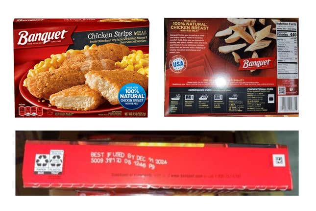 This combination of photos provided by the U.S. Department of Agriculture shows packaging for Banquet Brand Frozen Chicken Strips which was recalled by ConAgra Brands on Sept. 2, 2023, due to possible foreign matter contamination. In recent weeks, U.S. consumers have seen high-profile headlines about foods recalled for contamination with foreign objects. (USDA via AP)