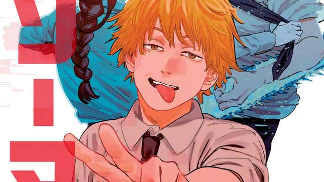 A screenshot shows Denji from Chainsaw Man throw up a peace sign. 