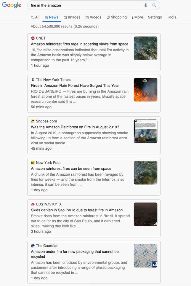 Google News search results for “fire in the Amazon,” queried on August 21, 2019.
