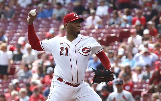 Sep 10, 2023; Cincinnati, Ohio, USA; Cincinnati Reds starting pitcher Hunter Greene (21) throws against the St. Louis Cardinals during the first inning at Great American Ball Park.