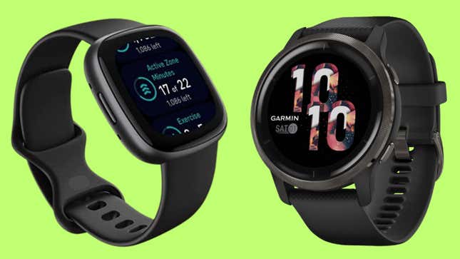 Product photos of Fitbit and Garmin smartwatches