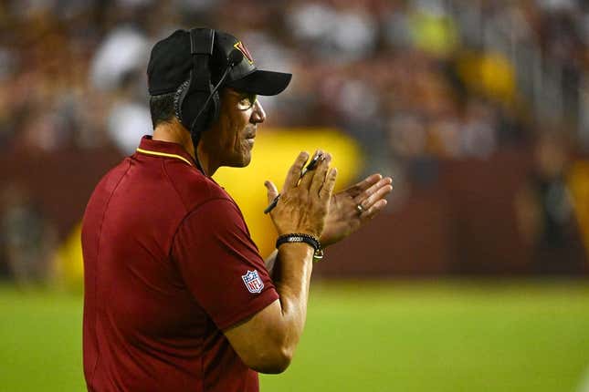 Aug 21, 2023; Landover, Maryland, USA; Washington Commanders head coach Ron Rivera on the field against the Baltimore Ravens during the first half at FedExField.