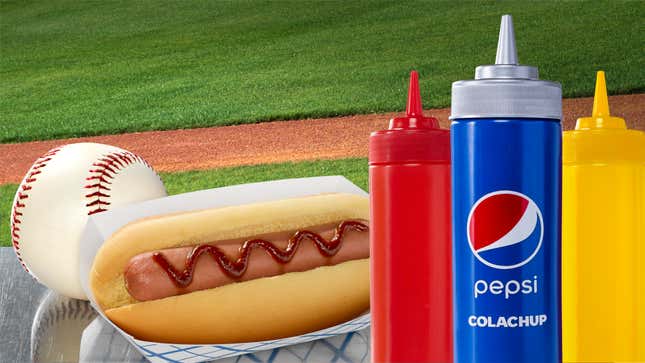 Product shot of Pepsi Colachup on baseball diamond