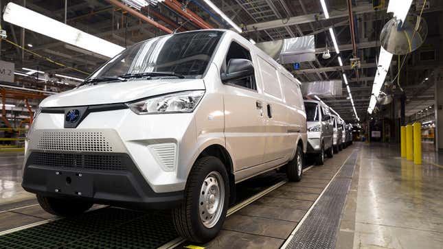 A photo of the Electric Last Mile vans on a production line. 
