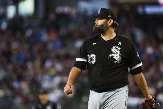 Jun 18, 2023; Seattle, Washington, USA; Chicago White Sox starting pitcher Lance Lynn (33) walks to the dugout following the fifth inning against the Seattle Mariners at T-Mobile Park.