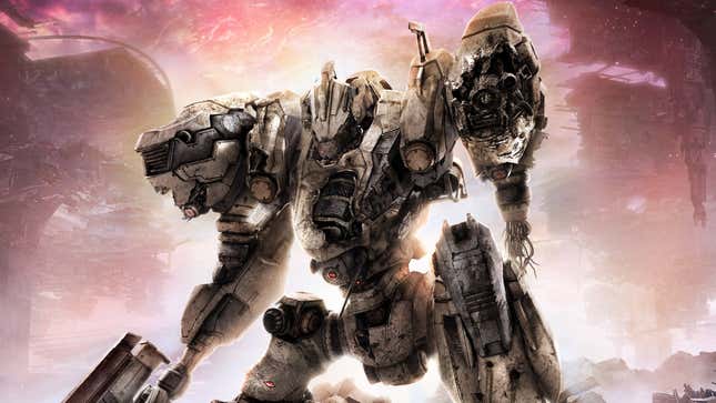 A key visual  for Armored Core VI shows a mech kneeling on top of rubble.