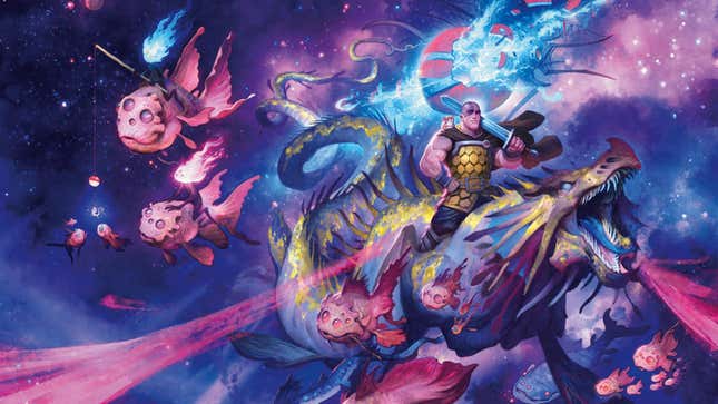 Art from the new edition of Dungeons & Dragons' Spelljammer depicts purple-hued creatures flying through the night sky,
