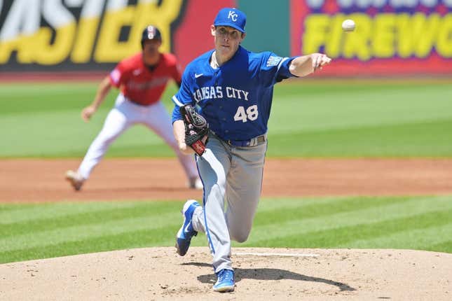 Jul 9, 2023; Cleveland, Ohio, USA; Kansas City Royals pitcher Ryan Yarbrough (48) throws a pitch during the first inning against the Cleveland Guardians at Progressive Field.