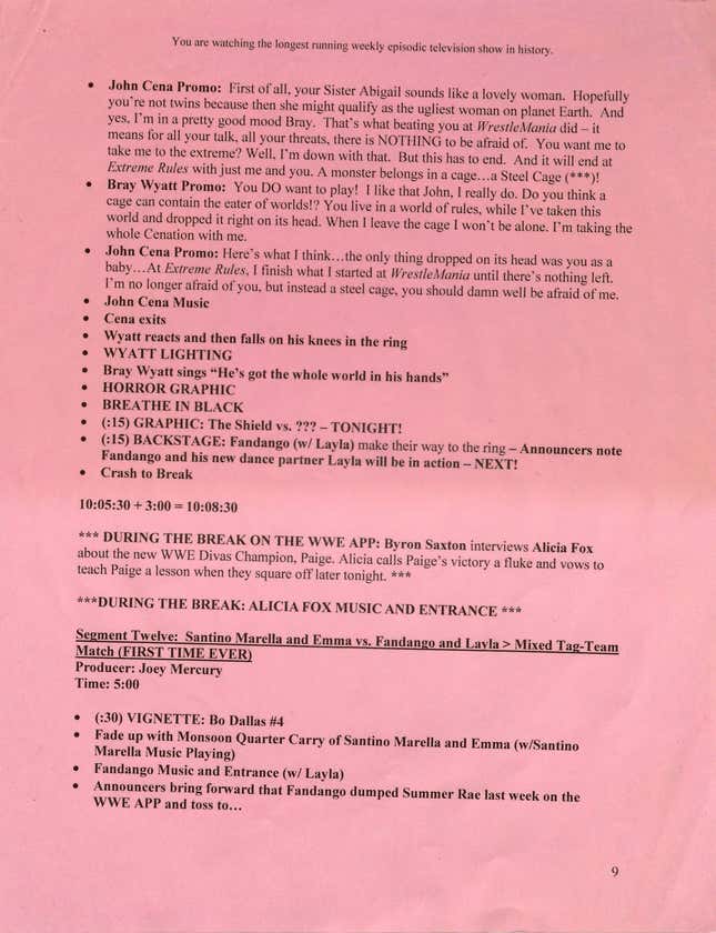 Image for article titled This Is What A WWE Raw Script Looks Like