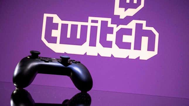 Video game controller in front of purple Twitch logo.