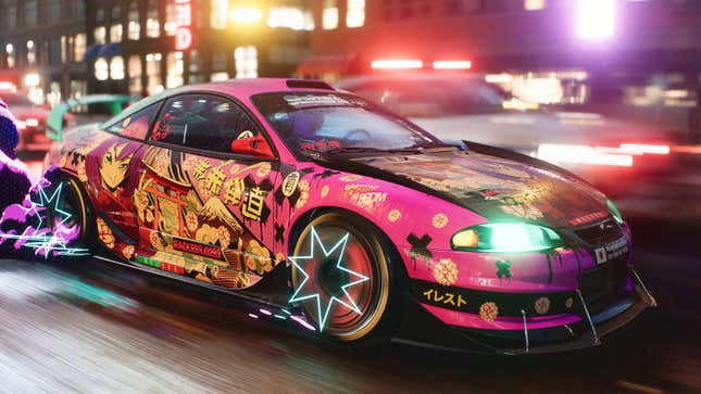 A pink car covered in anime imagery drives quickly through the night. 