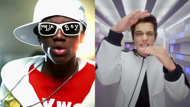 L to R: Soula Boy in the music video for “Crank That (Soulja Boy)“ in 2007 and Austin Mahone in the music video for “Mmm Yeah” in 2014.