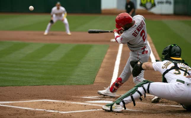 Sep 2, 2023; Oakland, California, USA; Los Angeles Angels right fielder Luis Rengifo (2) pops up a ball to short left field that allowed Nolan Schanuel to tag and score from third base against the Oakland Athletics during the first inning at Oakland-Alameda County Coliseum.