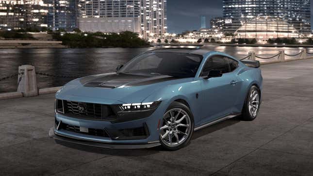 A 2024 Ford Mustang coupe, in blue, rendered against a city backdrop.