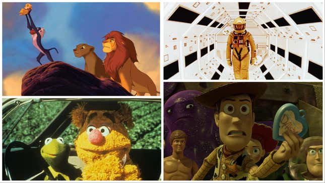 Clockwise from top left: The Lion King (Disney), 2001: A Space Odyssey (Warner Bros.), Toy Story 3 (Disney), The Muppet Movie (Disney)