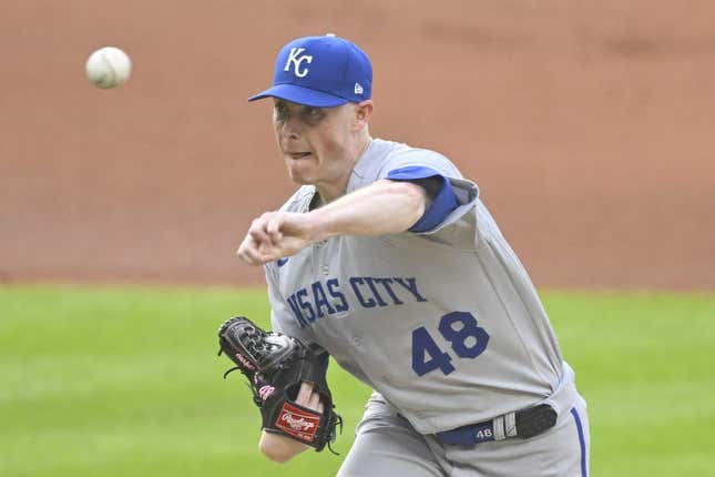 Jul 24, 2023; Cleveland, Ohio, USA; Kansas City Royals starting pitcher Ryan Yarbrough (48) delivers a pitch in the first inning against the Cleveland Guardians at Progressive Field.
