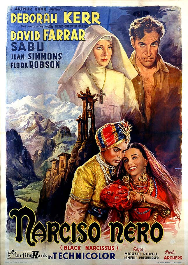 Italian four-panel poster for Black Narcissus, directed by Michael Powell and Emeric Pressburger, Great Britain, 1947. Poster design by Anselmo Ballester, 1953.