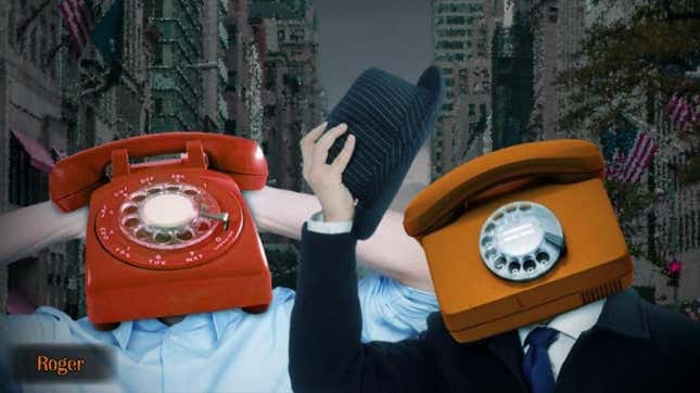 Two businessmen whose faces are a red phone and an orange phone, respectively, introduce themselves in the game Dialtown.