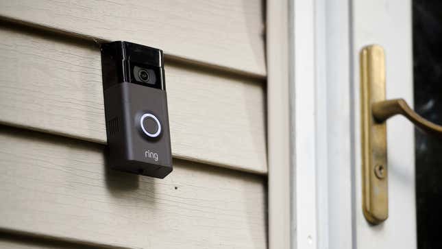 A Ring doorbell camera is seen installed at a home in Wolcott, Conn.