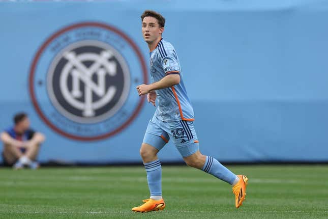 Jun 17, 2023; New York, New York, USA; New York City FC forward Gabriel Segal (19) in action against the Columbus Crew during the second half at Yankee Stadium.