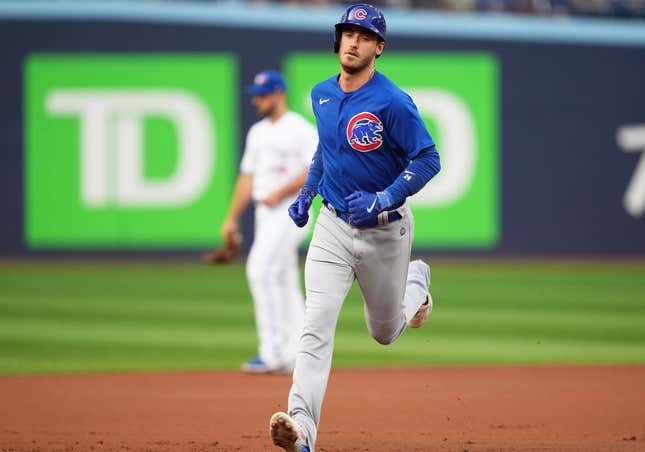 Aug 11, 2023; Toronto, Ontario, CAN; Chicago Cubs first baseman Cody Bellinger (24) runs the bases after hitting a two run home run against the Toronto Blue Jays during the first inning at Rogers Centre.