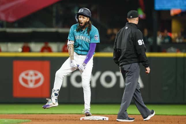 Sep 12, 2023; Seattle, Washington, USA; Seattle Mariners shortstop J.P. Crawford (3) celebrates after hitting a three-run double against the Los Angeles Angels during the fourth inning at T-Mobile Park.