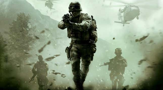 A soldier shrouded in shadow runs forward with a rifle pointed toward the viewer while two more soldiers are seen in the background along with two helicopters.
