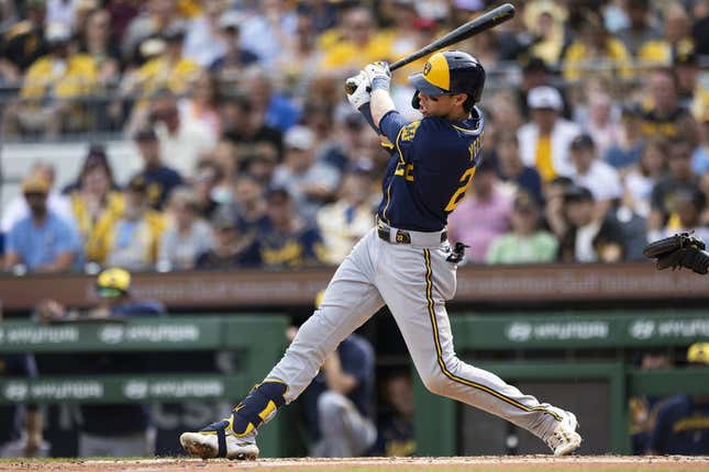 Jul 1, 2023; Pittsburgh, Pennsylvania, USA; Milwaukee Brewers left fielder Christian Yelich (22) hits a three-run home run during the second inning against the Pittsburgh Pirates at PNC Park.