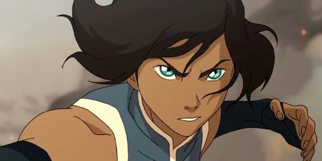 Korra in season 4 of The Legend of Korra, surrounded by dust and looking determined. 