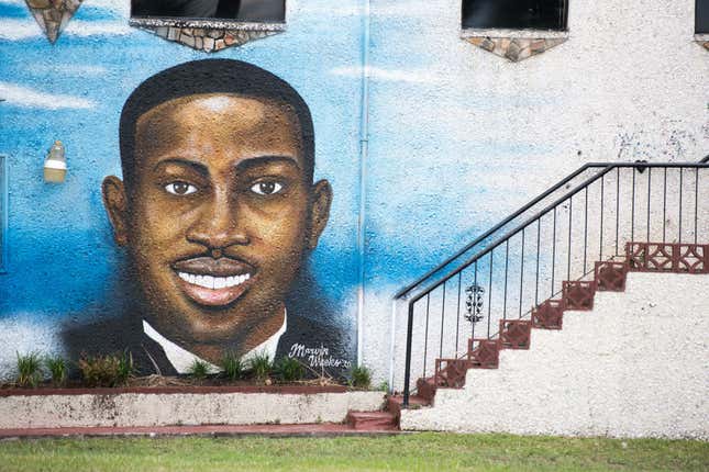 A mural depicting Ahmaud Arbery on July 17, 2020 in Brunswick, Georgia. Gregory McMichael, Travis McMichael, and William ‘Roddie’ Bryan appeared before a judge for the murder of Ahmaud Arbery.
