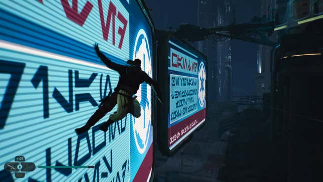 Cal Kestis wall-runs along a bright sign displaying an imperial logo and text in a Star Wars alphabet.