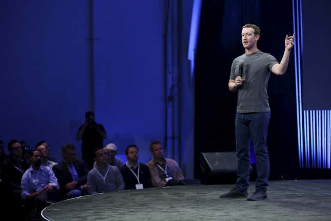 Facebook CEO Mark Zuckerberg gestures during his keynote address at Facebook F8 in San Francisco, California March 25, 2015. REUTERS/Robert Galbraith - RTR4UUXC