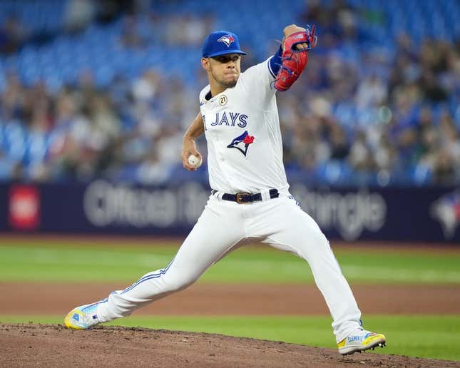Sep 15, 2023; Toronto, Ontario, CAN; Toronto Blue Jays starting pitcher Jose Berrios (17) pitches to the Boston Red Sox during the first inning at Rogers Centre.