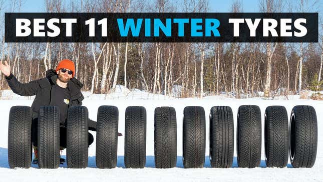 Screenshot of 11 tires lined up next to each other in the snow