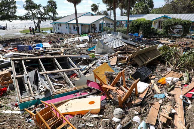 Damage to Faraway Inn is seen on August 30, 2023, in Cedar Key Florida, in the wake of Hurricane Idalia.