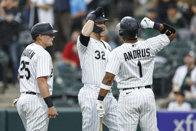 Sep 16, 2023; Chicago, Illinois, USA; Chicago White Sox right fielder Gavin Sheets (32) celebrates with shortstop Elvis Andrus (1) after hitting a three-run home run against the Minnesota Twins during the first inning at Guaranteed Rate Field.