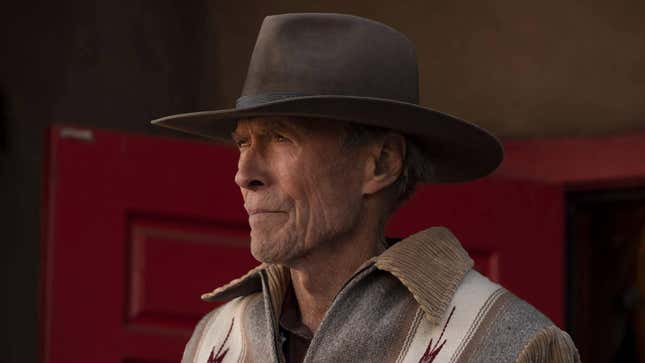 A shot of Clint Eastwood in a cowboy hat looking grim, from the Cry Macho trailer