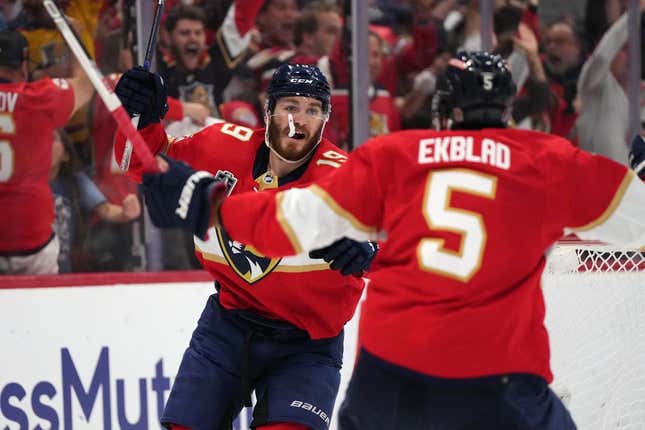 Jun 8, 2023; Sunrise, Florida, USA; (Editors Notes: Caption Correction) Florida Panthers left wing Matthew Tkachuk (19) and defenseman Aaron Ekblad (5) celebrate the game winning goal scored by defenseman Brandon Montour (not pictured) against the Vegas Golden Knights Florida Panthers during overtime in game three of the 2023 Stanley Cup Final at FLA Live Arena.