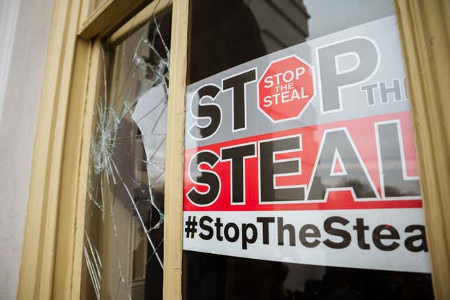 A Stop The Steal is posted inside the Capitol Building after a pro-Trump mob broke into the U.S. Capitol on January 6, 2021, in Washington, DC.
