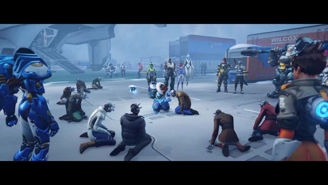 Overwatch members are shown tending to subjugated omnics.