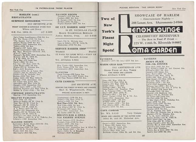The Harlem restaurant survey in the 1948 edition of The Negro Motorist Green Book, a guide that listed establishments where black travelers would be welcome.