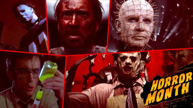 Clockwise from top left: Halloween (Compass International Pictures); Mandy (RLJE Films); Hellbound: Hellraiser II (New World Pictures); The Texas Chain Saw Massacre (Bryanston Distrbuting); Re-Animator (Empire Pictures) (Screenshots: YouTube)