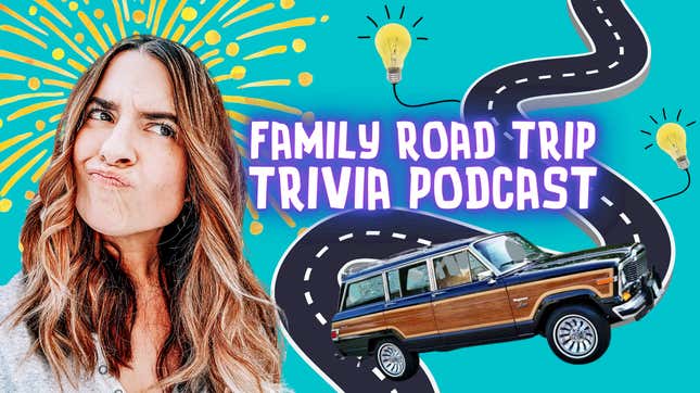 Family Road Trip Trivia Podcast cover art image featuring a woman looking like she's thinking and an illustration of a car and a cartoon road