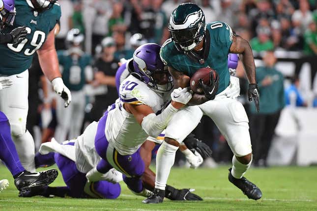 Sep 14, 2023; Philadelphia, Pennsylvania, USA; Philadelphia Eagles running back D&#39;Andre Swift (0) is tackled by Minnesota Vikings linebacker Ivan Pace Jr. (40) during the second quarter at Lincoln Financial Field.
