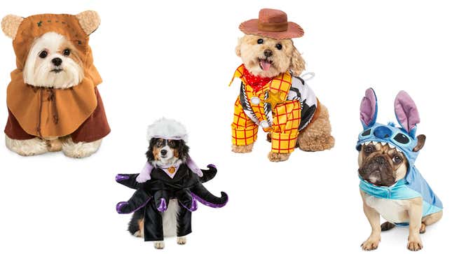 Dogs dressed in Disney Halloween costumes pose for the camera.