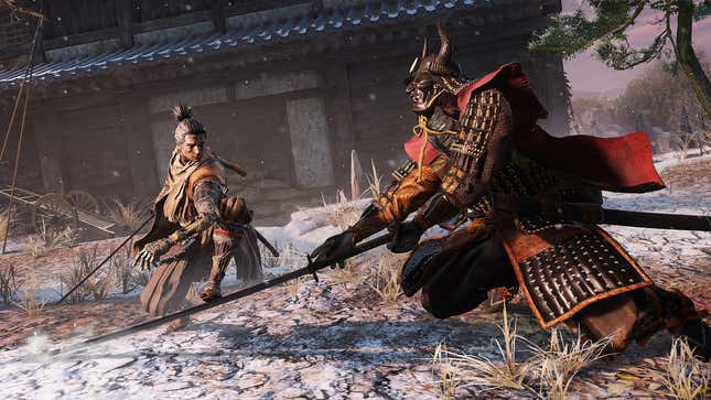 A warrior with a mechanical arm faces off against an enemy in armor in Sekiro: Shadows Die Twice on PS4.