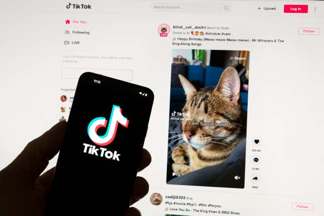 FILE - The TikTok logo is seen on a mobile phone in front of a computer screen which displays the TikTok home screen, on March 18, 2023, in Boston. TikTok said Tuesday Sept. 5, 2023 that operations have started at the first of its three European data centers, part of the popular Chinese owned app&#39;s project to ease Western fears about privacy risks. (AP Photo/Michael Dwyer, File)